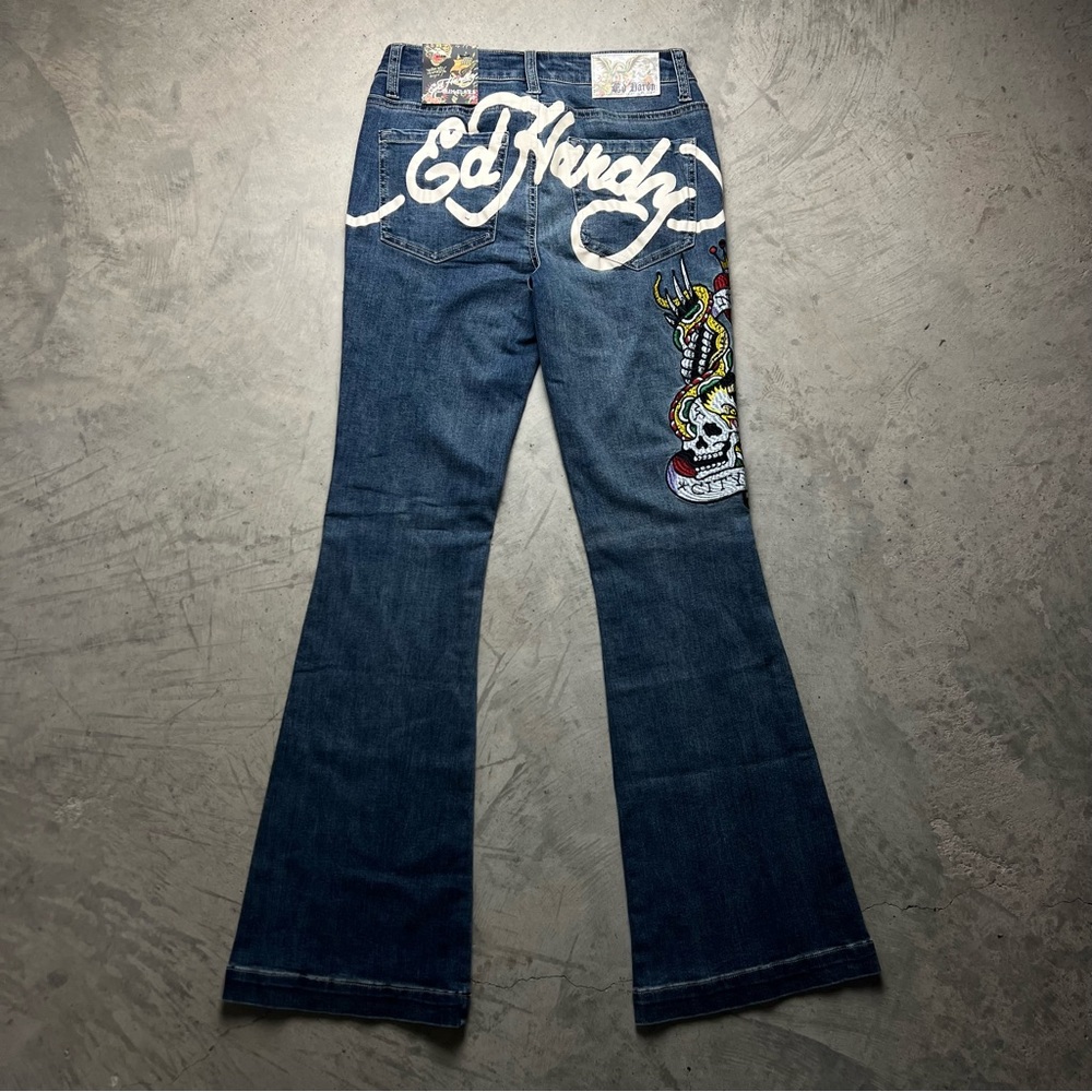 Deadstock Ed Hardy Flared Denim Pants with Ed Hardy Skull stitched design